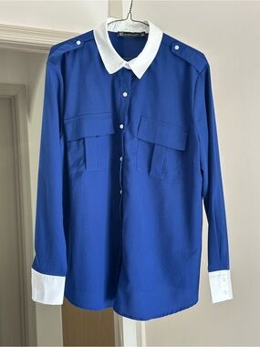 Blue button down with white collar